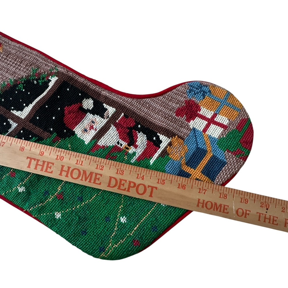 VTG Needlepoint Christmas Stocking 18 Inch Santa Tree Window Wool‎ Red Velvet - Picture 8 of 10